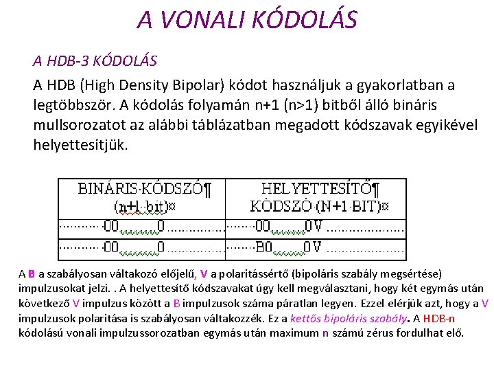 A VONALI KÓDOLÁS A HDB-3 KÓDOLÁS A HDB (High Density Bipolar) kódot használjuk a