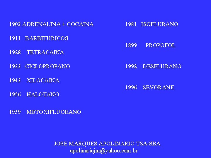 1903 ADRENALINA + COCAINA 1911 BARBITURICOS 1981 ISOFLURANO 1899 PROPOFOL 1928 TETRACAINA 1933 CICLOPROPANO