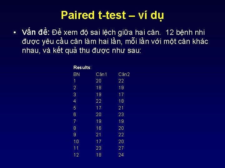 Paired t-test – ví dụ • Vấn đề: Để xem độ sai lệch giữa