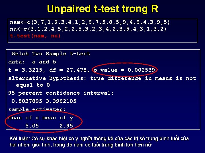 Unpaired t-test trong R nam<-c(3, 7, 1, 9, 3, 4, 1, 2, 6, 7,