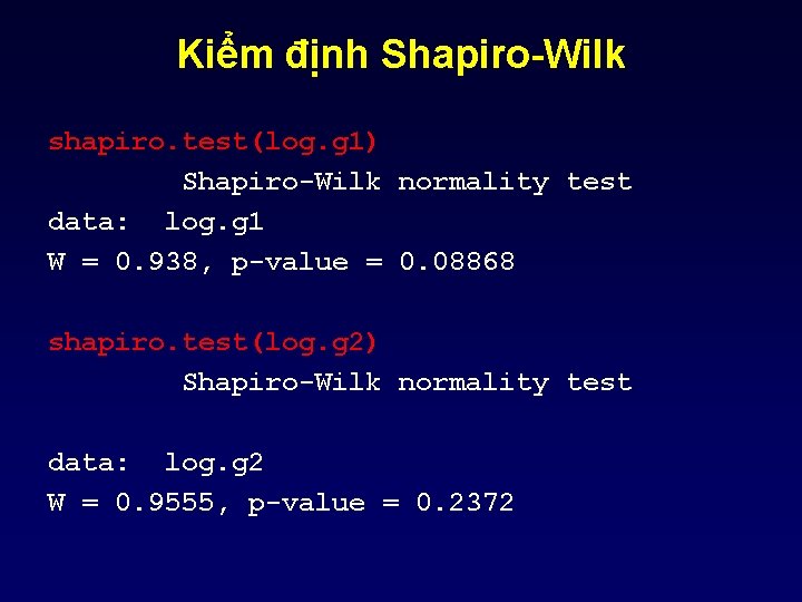 Kiểm định Shapiro-Wilk shapiro. test(log. g 1) Shapiro-Wilk normality test data: log. g 1