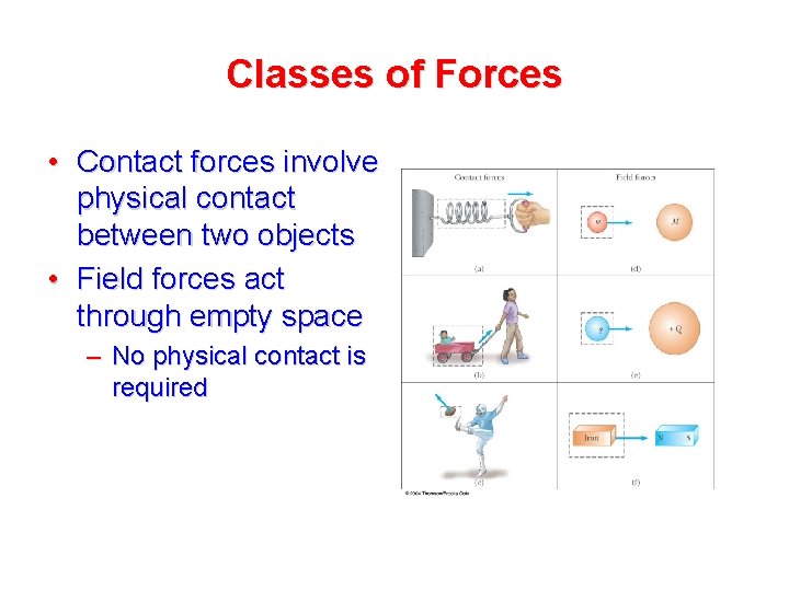 Classes of Forces • Contact forces involve physical contact between two objects • Field