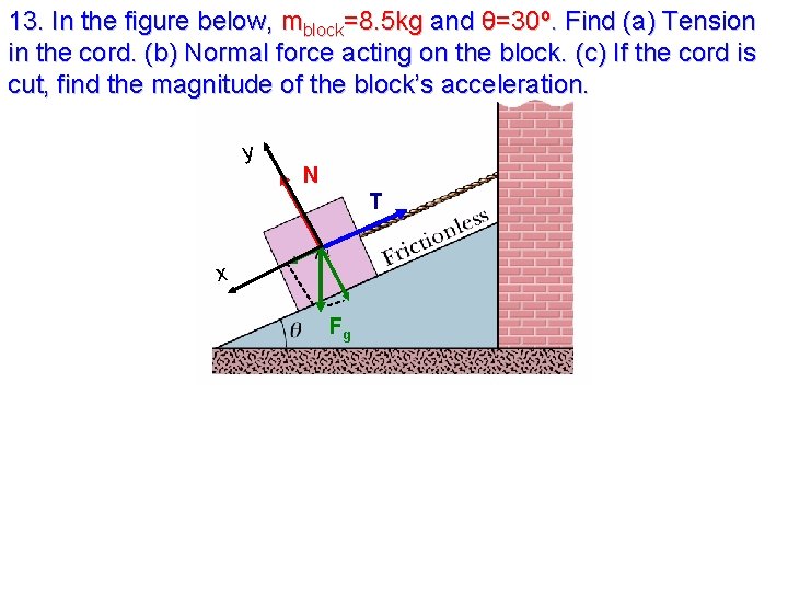 13. In the figure below, mblock=8. 5 kg and θ=30º. Find (a) Tension in