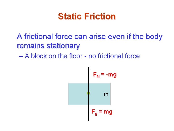 Static Friction A frictional force can arise even if the body remains stationary –