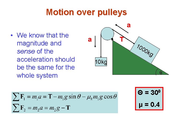 Motion over pulleys a • We know that the magnitude and sense of the