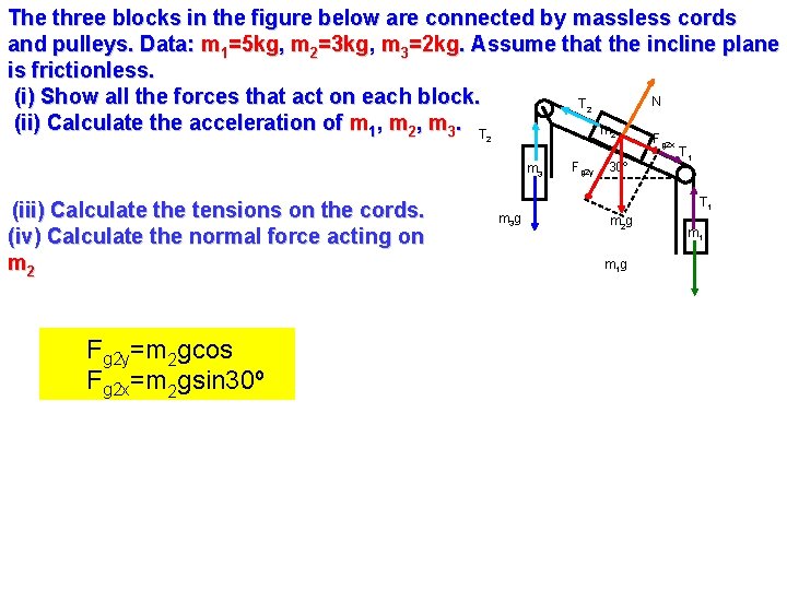 The three blocks in the figure below are connected by massless cords and pulleys.