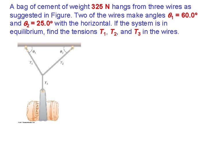 A bag of cement of weight 325 N hangs from three wires as suggested