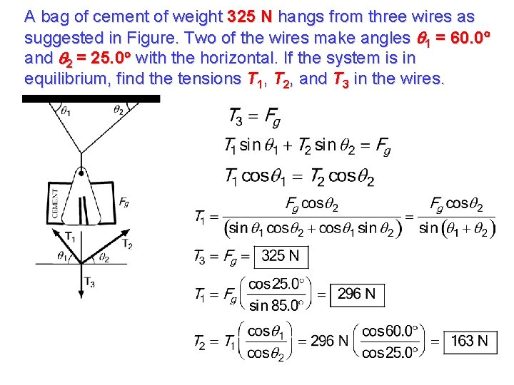 A bag of cement of weight 325 N hangs from three wires as suggested