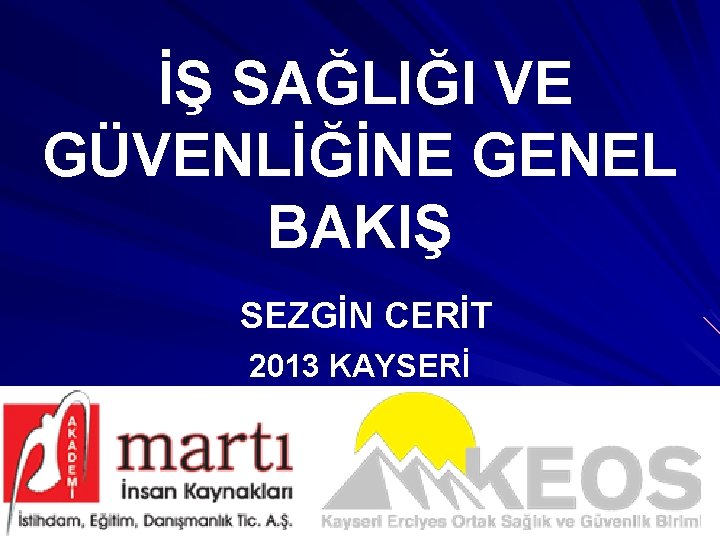  İŞ SAĞLIĞI VE GÜVENLİĞİNE GENEL BAKIŞ SEZGİN CERİT 2013 KAYSERİ 