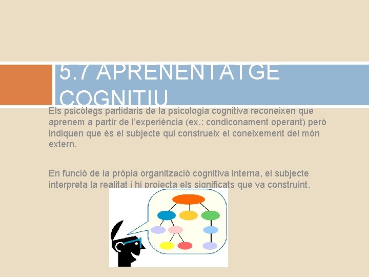 5. 7 APRENENTATGE COGNITIU Els psicòlegs partidaris de la psicologia cognitiva reconeixen que aprenem