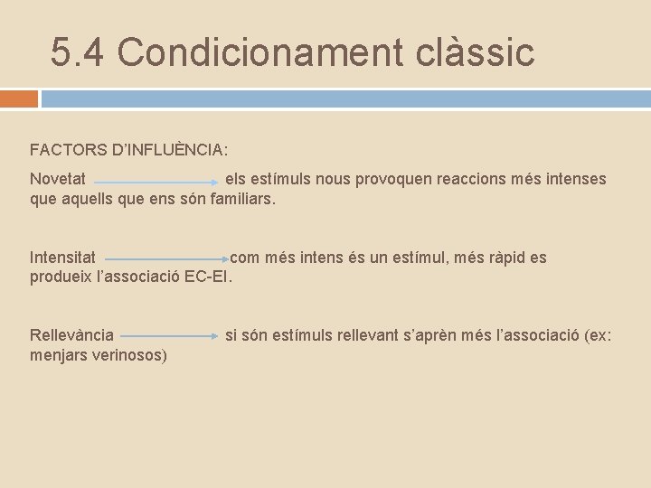 5. 4 Condicionament clàssic FACTORS D’INFLUÈNCIA: Novetat els estímuls nous provoquen reaccions més intenses