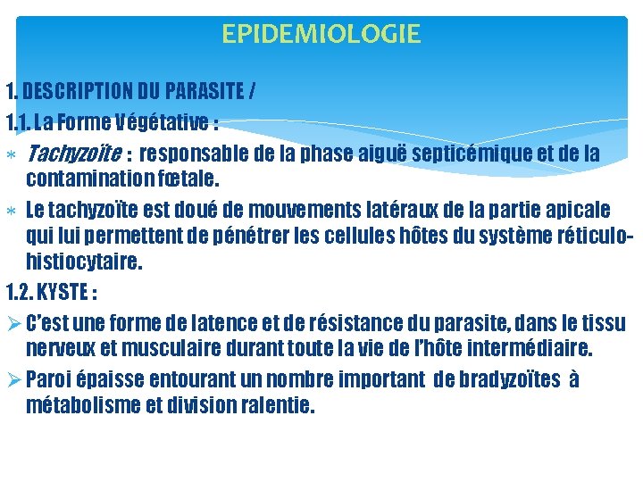 EPIDEMIOLOGIE 1. DESCRIPTION DU PARASITE / 1. 1. La Forme Végétative : Tachyzoïte :