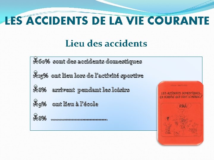 LES ACCIDENTS DE LA VIE COURANTE Lieu des accidents N 60% sont des accidents