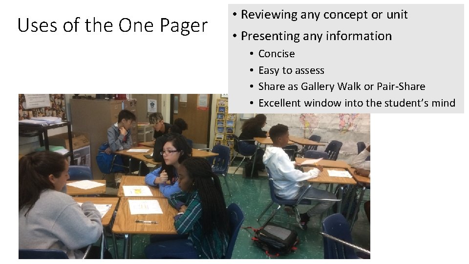 Uses of the One Pager • Reviewing any concept or unit • Presenting any