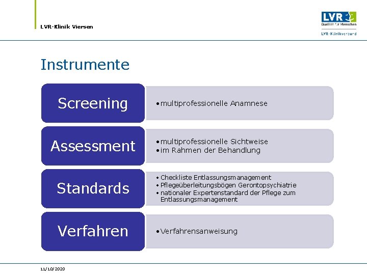 LVR-Klinik Viersen Instrumente Screening • multiprofessionelle Anamnese Assessment • multiprofessionelle Sichtweise • im Rahmen