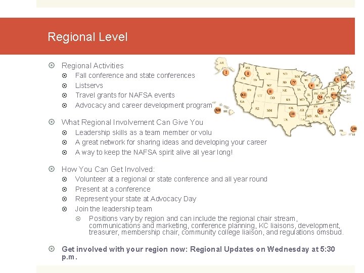 Regional Level Regional Activities Fall conference and state conferences Listservs Travel grants for NAFSA