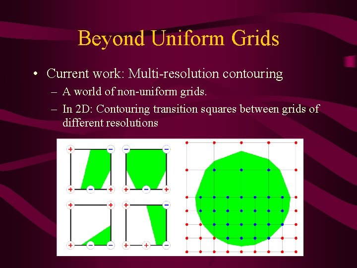 Beyond Uniform Grids • Current work: Multi-resolution contouring – A world of non-uniform grids.
