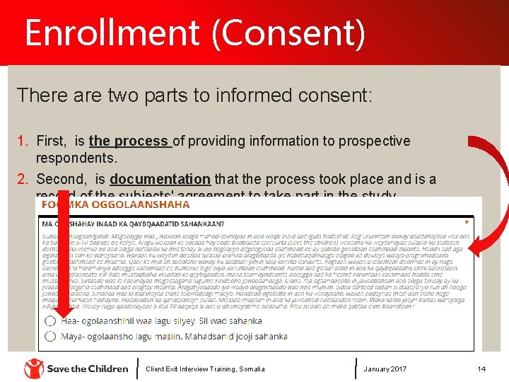 Enrollment (Consent) There are two parts to informed consent: 1. First, is the process