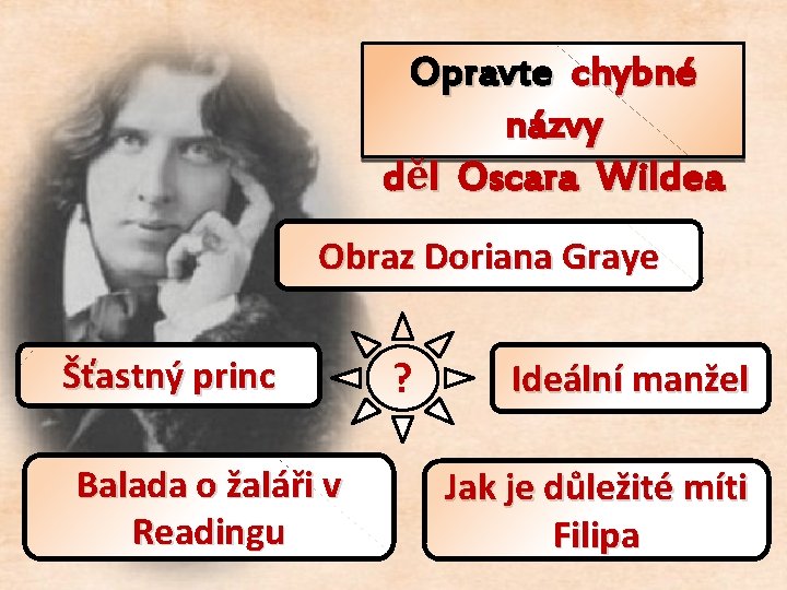 Opravte chybné názvy děl Oscara Wildea Obraz Doriana Graye Šťastný princ Balada o žaláři