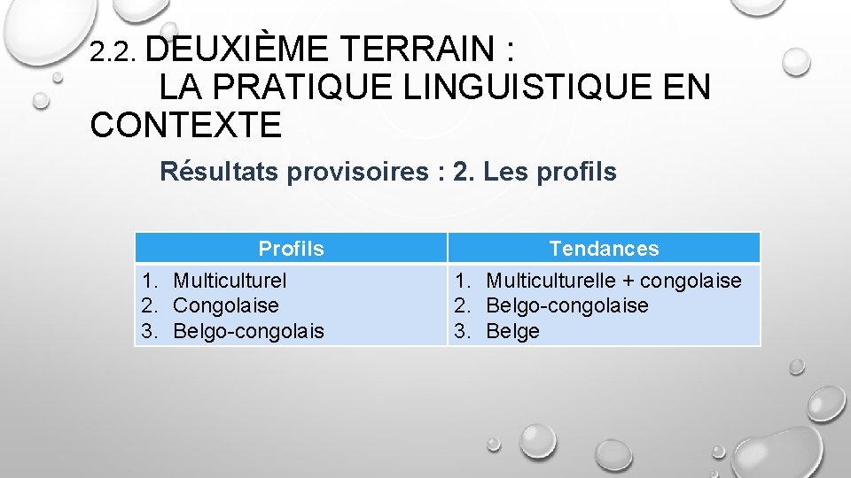 2. 2. DEUXIÈME TERRAIN : LA PRATIQUE LINGUISTIQUE EN CONTEXTE Résultats provisoires : 2.