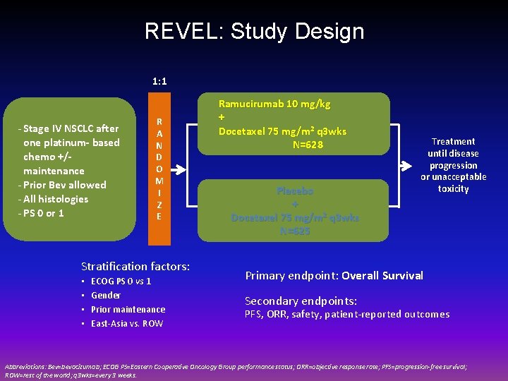 REVEL: Study Design 1: 1 - Stage IV NSCLC after one platinum- based chemo