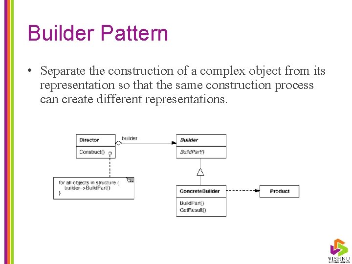 Builder Pattern • Separate the construction of a complex object from its representation so