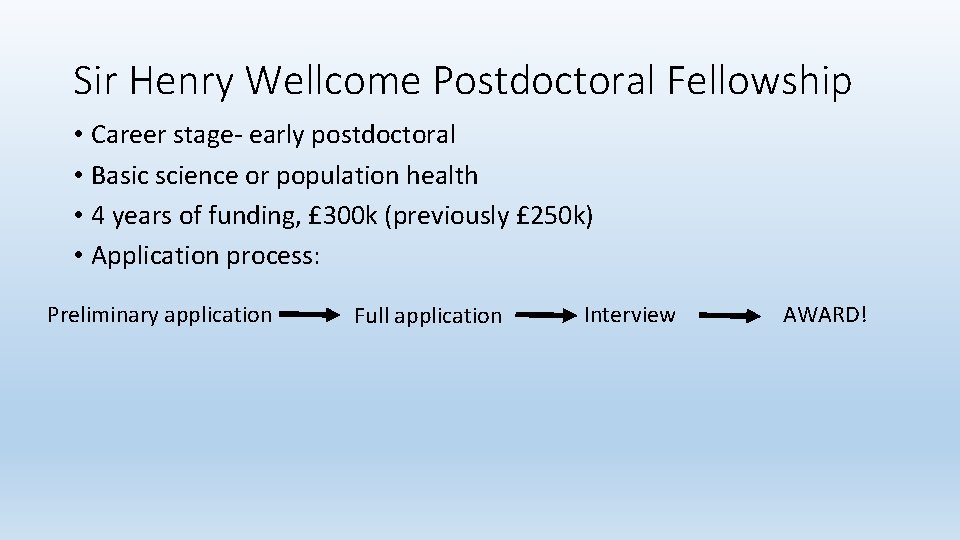 Sir Henry Wellcome Postdoctoral Fellowship • Career stage- early postdoctoral • Basic science or