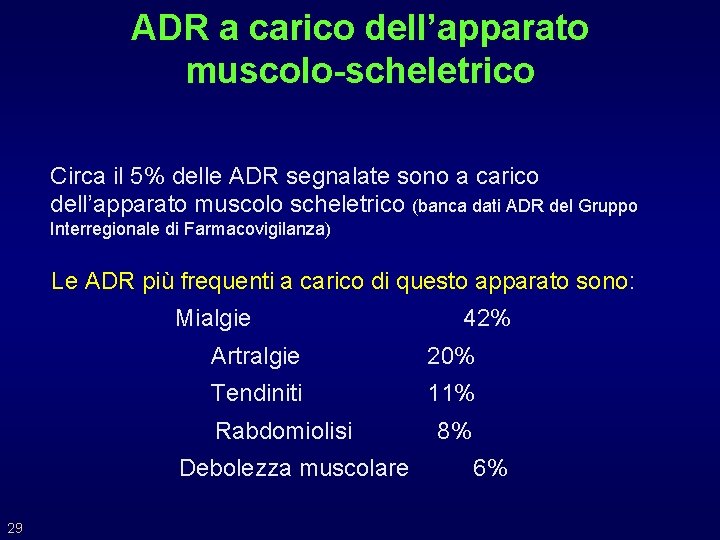 ADR a carico dell’apparato muscolo-scheletrico Circa il 5% delle ADR segnalate sono a carico