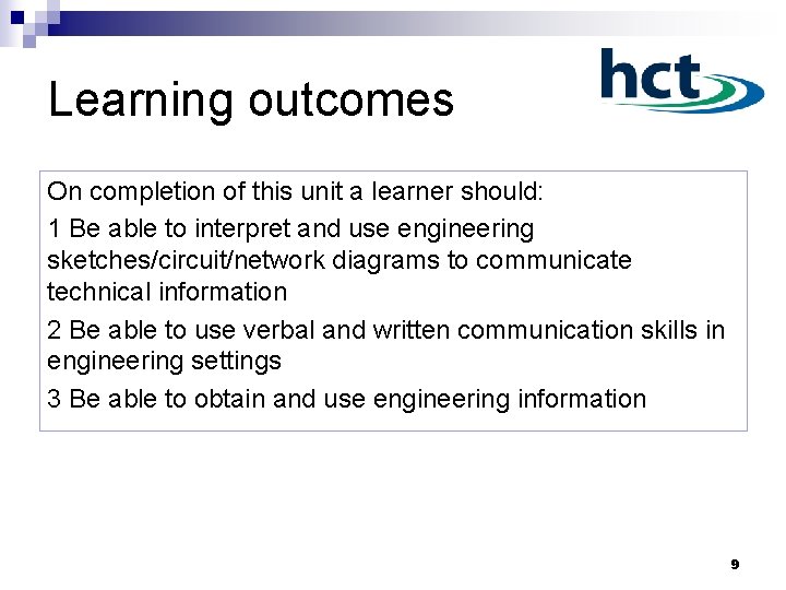 Learning outcomes On completion of this unit a learner should: 1 Be able to