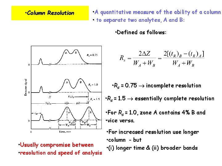  • Column Resolution • A quantitative measure of the ability of a column