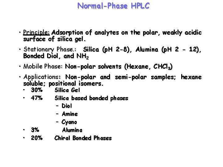 Normal-Phase HPLC • Principle: Adsorption of analytes on the polar, weakly acidic surface of