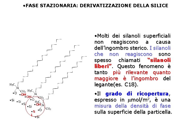  • FASE STAZIONARIA: DERIVATIZZAZIONE DELLA SILICE • Molti dei silanoli superficiali non reagiscono