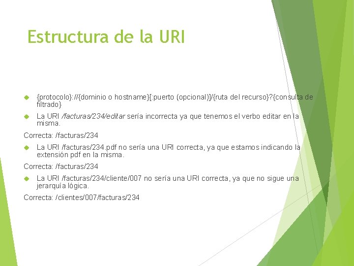 Estructura de la URI {protocolo}: //{dominio o hostname}[: puerto (opcional)]/{ruta del recurso}? {consulta de
