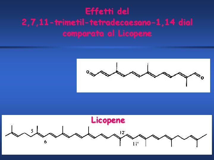Effetti del 2, 7, 11 -trimetil-tetradecaesano-1, 14 dial comparata al Licopene 