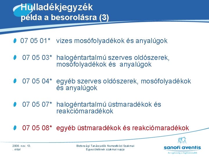 Hulladékjegyzék példa a besorolásra (3) 07 05 01* vizes mosófolyadékok és anyalúgok 07 05 Hulladékjegyzék példa a besorolásra (3) 07 05 01* vizes mosófolyadékok és anyalúgok 07 05