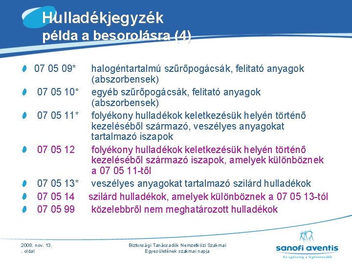Hulladékjegyzék példa a besorolásra (4) 07 05 09* halogéntartalmú szűrőpogácsák, felitató anyagok (abszorbensek) 07 Hulladékjegyzék példa a besorolásra (4) 07 05 09* halogéntartalmú szűrőpogácsák, felitató anyagok (abszorbensek) 07