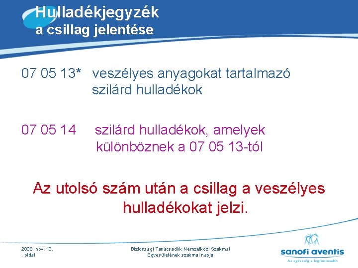 Hulladékjegyzék a csillag jelentése 07 05 13* veszélyes anyagokat tartalmazó szilárd hulladékok 07 05 Hulladékjegyzék a csillag jelentése 07 05 13* veszélyes anyagokat tartalmazó szilárd hulladékok 07 05