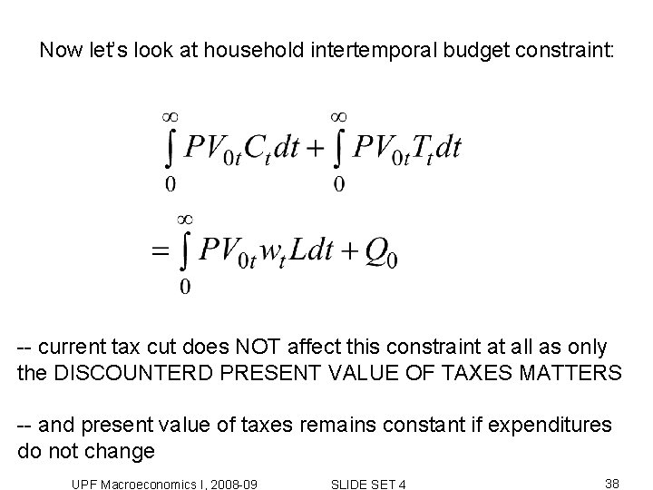 Now let’s look at household intertemporal budget constraint: -- current tax cut does NOT Now let’s look at household intertemporal budget constraint: -- current tax cut does NOT
