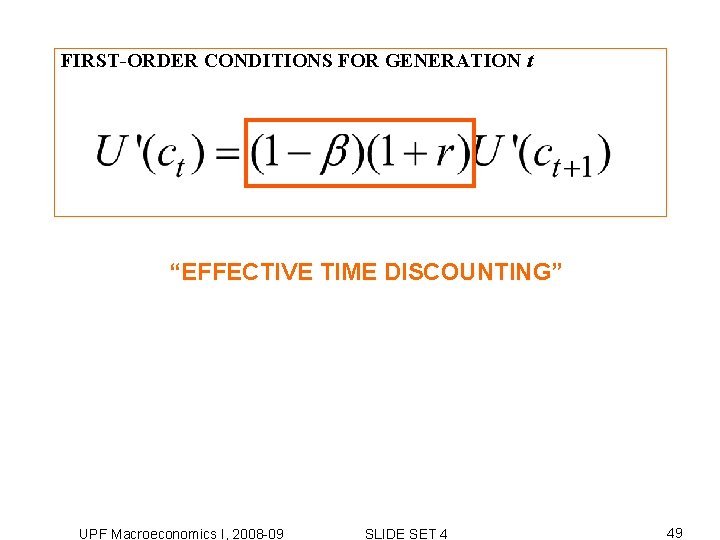 FIRST-ORDER CONDITIONS FOR GENERATION t “EFFECTIVE TIME DISCOUNTING” UPF Macroeconomics I, 2008 -09 SLIDE FIRST-ORDER CONDITIONS FOR GENERATION t “EFFECTIVE TIME DISCOUNTING” UPF Macroeconomics I, 2008 -09 SLIDE