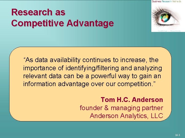 Research as Competitive Advantage “As data availability continues to increase, the importance of identifying/filtering