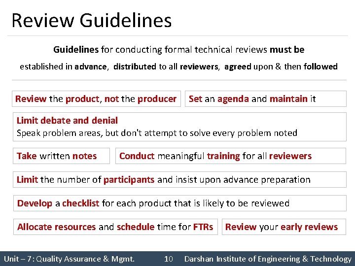 Review Guidelines for conducting formal technical reviews must be established in advance, distributed to