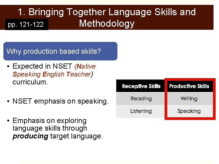 1. Bringing Together Language Skills and Methodology pp. 121 -122 Why production based skills?