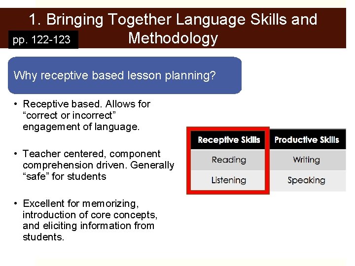 1. Bringing Together Language Skills and Methodology pp. 122 -123 Why receptive based lesson