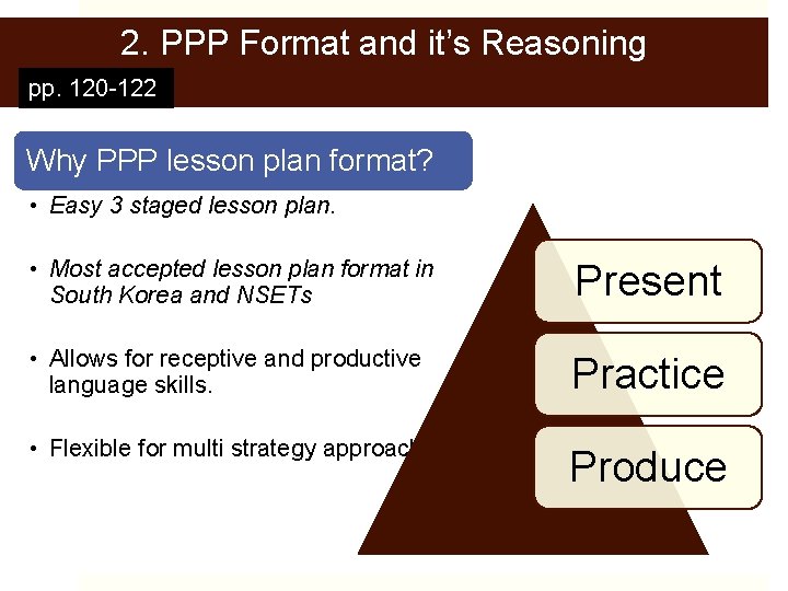 2. PPP Format and it’s Reasoning pp. 120 -122 Why PPP lesson plan format?