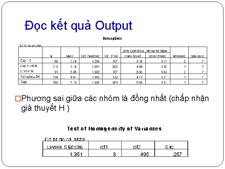 Đọc kết quả Output �Phương sai giữa các nhóm là đồng nhất (chấp nhận
