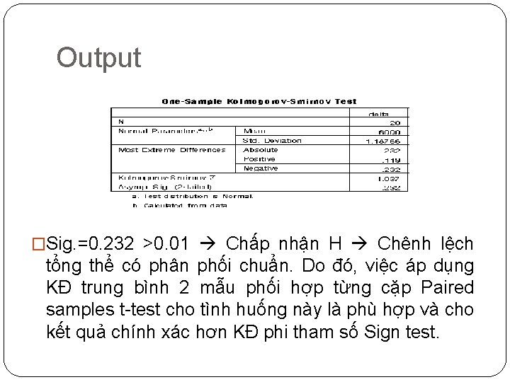 Output �Sig. =0. 232 >0. 01 Chấp nhận H Chênh lệch tổng thể có