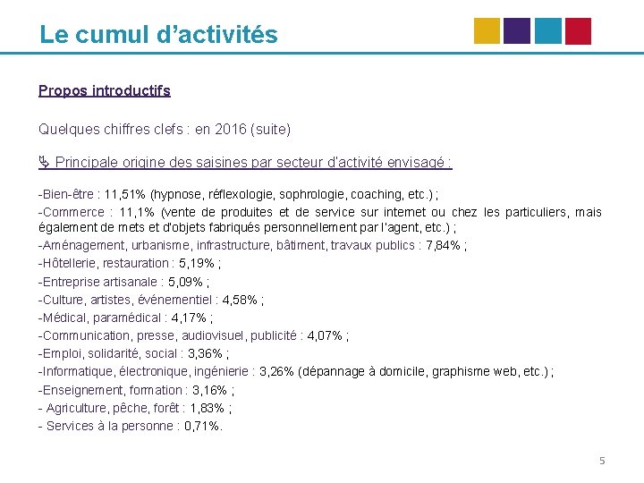 Le cumul d’activités Propos introductifs Quelques chiffres clefs : en 2016 (suite) Principale origine