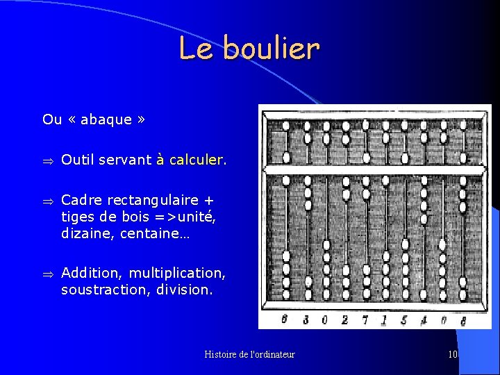 Le boulier Ou « abaque » Þ Outil servant à calculer. Þ Cadre rectangulaire