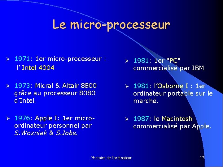 Le micro-processeur Ø 1971: 1 er micro-processeur : l’ Intel 4004 Ø Ø Ø