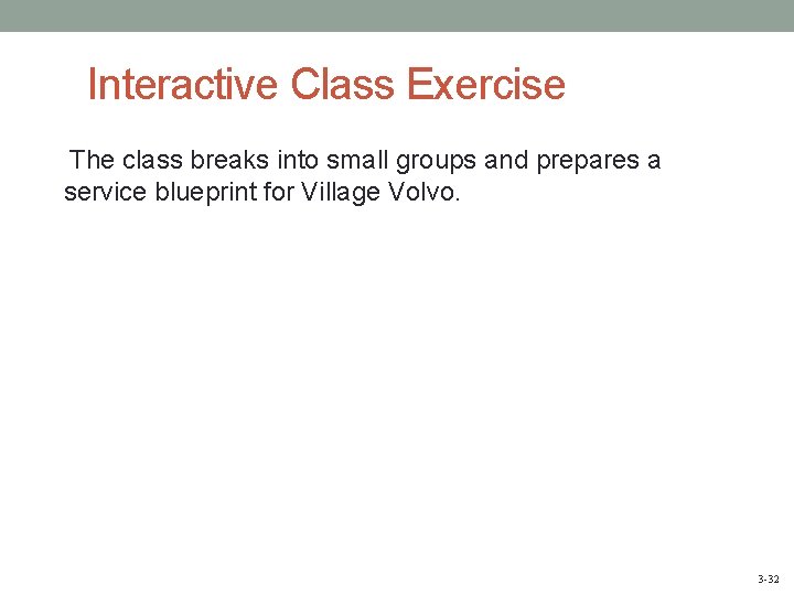 Interactive Class Exercise The class breaks into small groups and prepares a service blueprint